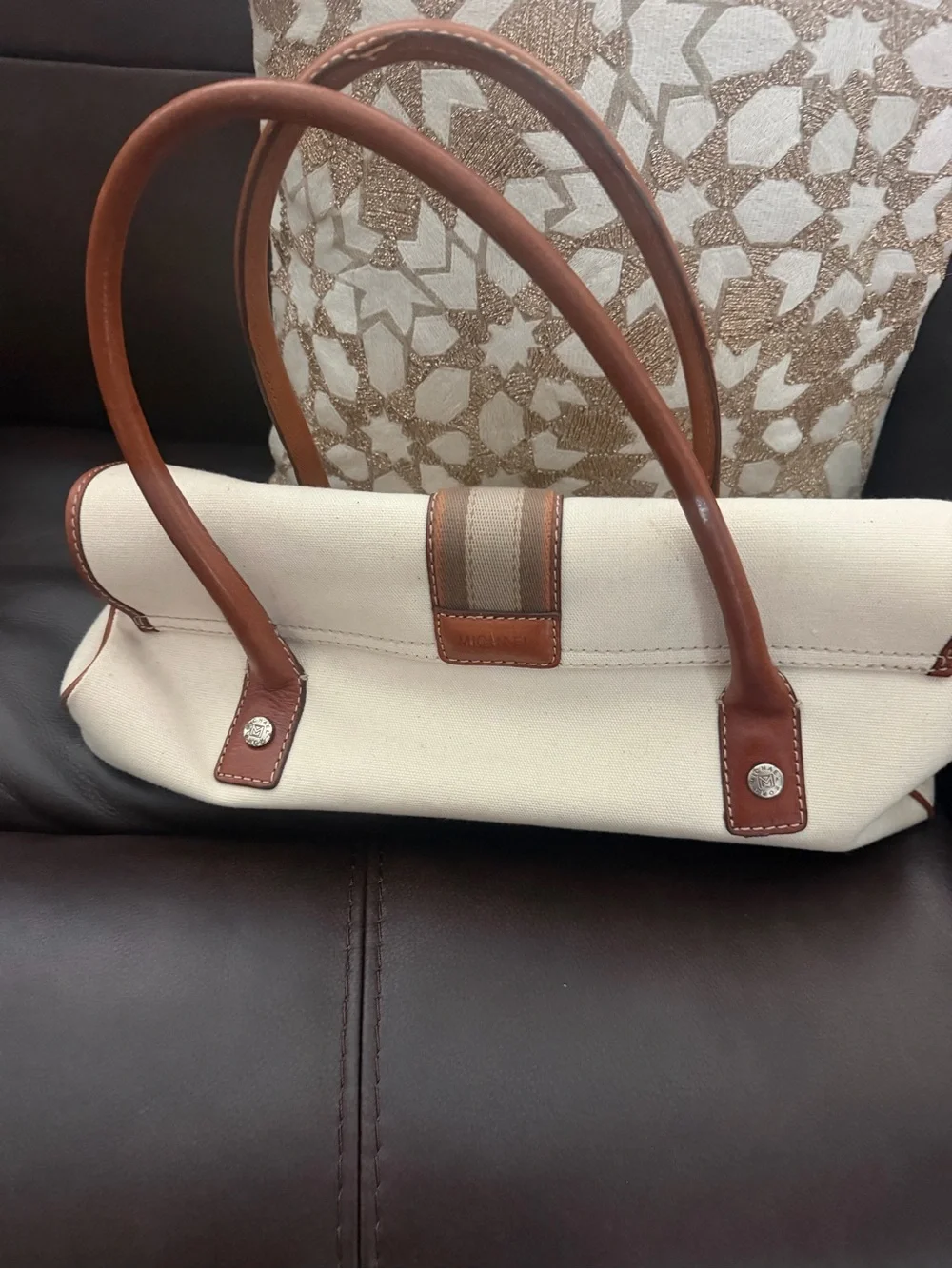 Michael Kors Cream Canvas Satchel with Brown Leather Trim